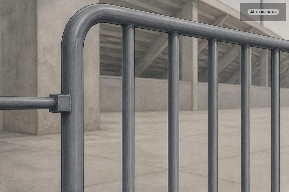 Stahlgitter einer Stadionabsperrung aus kurzer Distanz, dahinter unscharfer Beton. (KI-generiertes Bild)