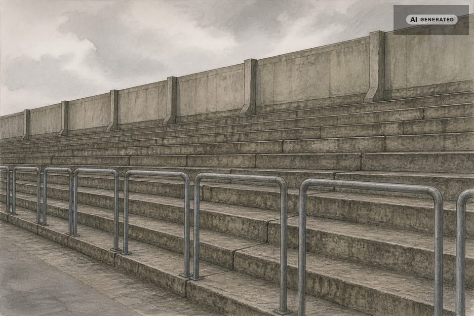 Leere Betonstufen einer alten Stehplatztribüne mit einer Reihe Wellenbrecher aus Stahlrohr, dahinter eine schlichte Betonbrüstung, bedeckter Himmel. (KI-generiertes Bild)
